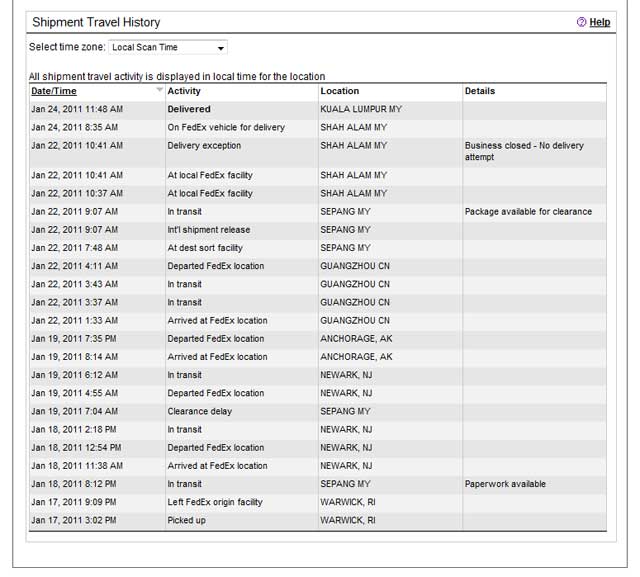 FedEx Shipment Travel History